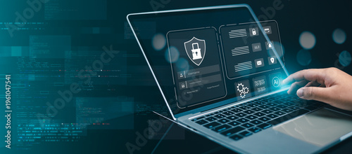 Cybersecurity and privacy concepts to protect data. Human use computer with cyber security technology for protecting personal data and secure internet access, Firewall security, Data protection.
