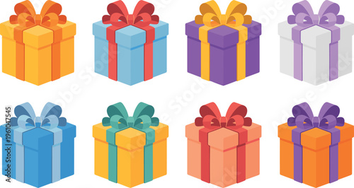 Vector illustration of colorful gift boxes with ribbons, perfect for celebration and holiday-themed designs.