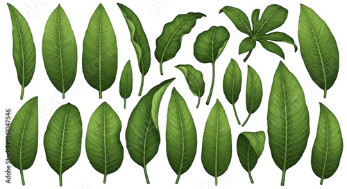 Seventeen assorted green leaves arranged in three rows for graphic design