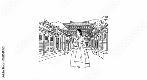 Line art of woman in traditional dress in a historic courtyard with tiled roofs