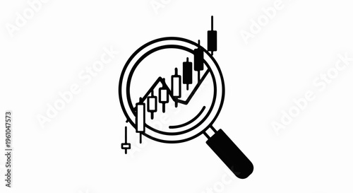 Magnifying glass scrutinizing an upward trending stock market candlestick chart