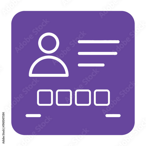 Purple id card icon with white user profile and lines on solid background