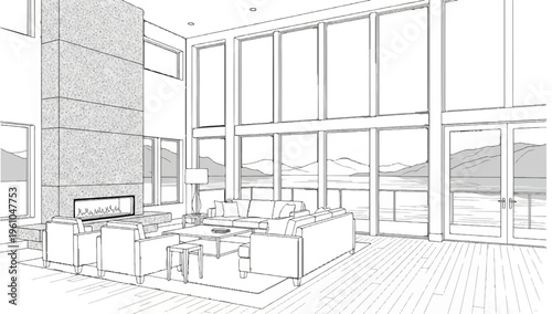 Modern living room with grand fireplace and expansive windows overlooking a lake