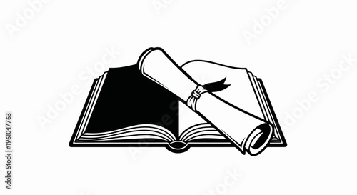 Open book with a rolled scroll tied with ribbon resting on top