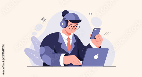 Person wearing headphones and glasses, using a laptop and phone