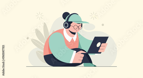 Person wearing headphones and glasses using a laptop, sitting outdoors