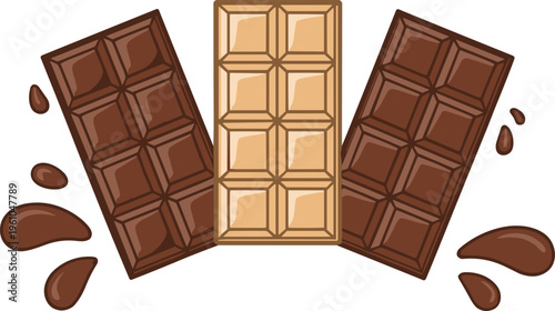 Vector illustration of chocolate bars in milk, dark, and white varieties, perfect for food and dessert-themed designs.