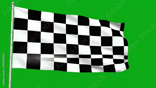 Waving black and white checkered flag on a green background
