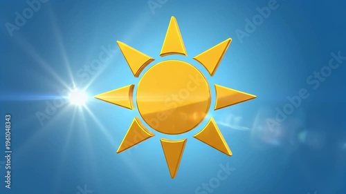 A golden star-like object is illuminated by a bright sunburst on a blue gradient background