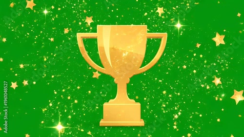 Golden trophy shines brightly, surrounded by golden stars and sparkling light effects