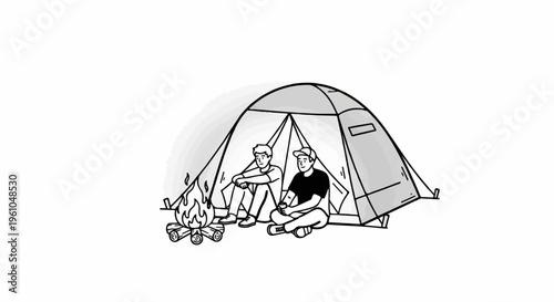 Two people sitting by a tent with a campfire burning