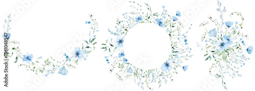 Floral frame and bouquets with blue watercolor wildflowers and leaves, wedding illustration clipart