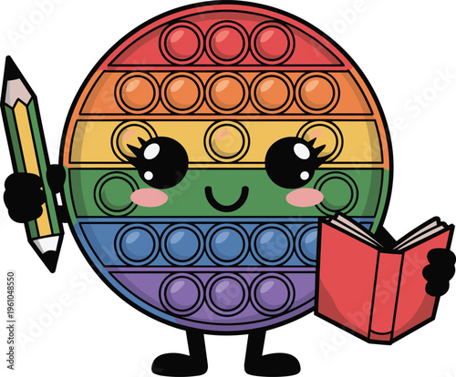 Cute vector illustration of a rainbow-colored pop it fidget toy character holding a pencil and book, ideal for playful and creative designs.