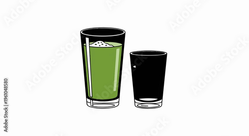 Two tall glasses, one filled with green liquid and foam, the other empty
