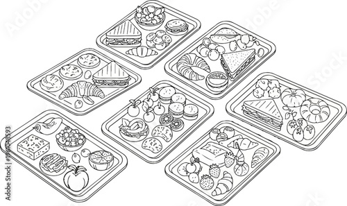 Various food items including sandwiches, croissants, and fruits arranged on trays