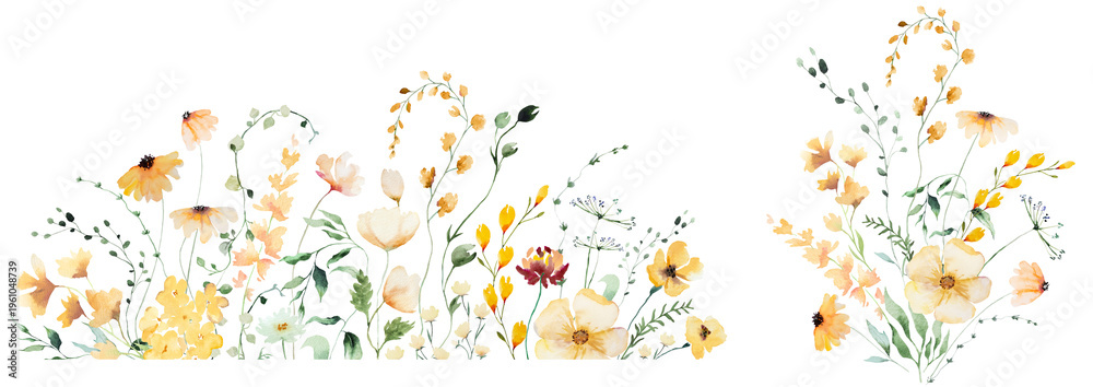 Obraz premium Floral border and bouquet clipart with yellow watercolor flowers, hand drawn wedding illustration