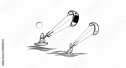 Two people kiteboarding on a choppy water surface with a circle overhead