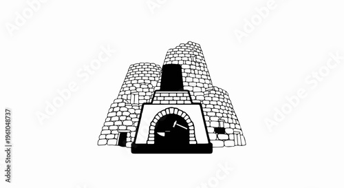 Stone building with arched entrance and tools inside, historical construction