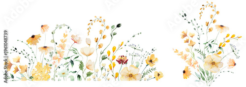 Floral border and bouquet clipart with yellow watercolor flowers, hand drawn wedding illustration