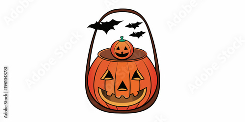 A whimsical jack o lantern basket with bats flies through a night sky