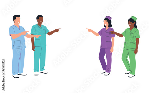 Medical nurses and doctors in colorful scrubs pointing.