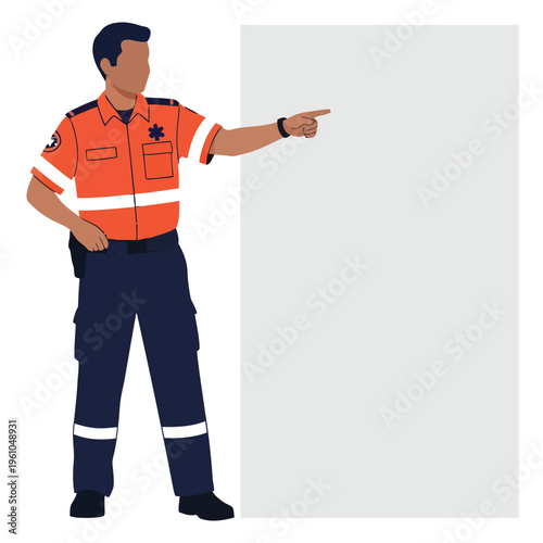Paramedic in high visibility uniform pointing sideways.