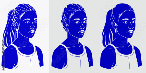 Three stylized portraits of a woman with varying shades of blue