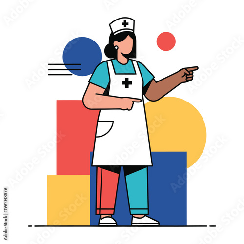 Cartoon nurse in scrubs pointing sideways.