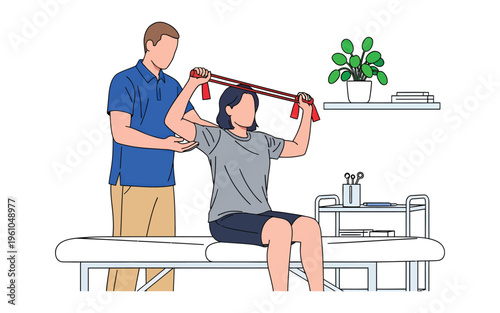 Therapist assisting patient with shoulder resistance band exercise.