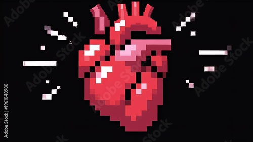 A pixelated, anatomical heart glows red and pink against a black background