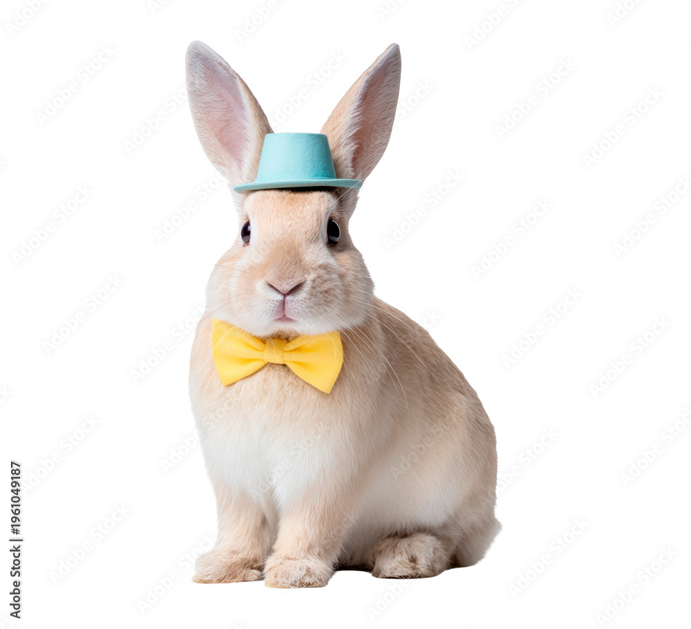 Fototapeta premium Easter rabbit wearing hat and bow tie seated on transparent background PNG
