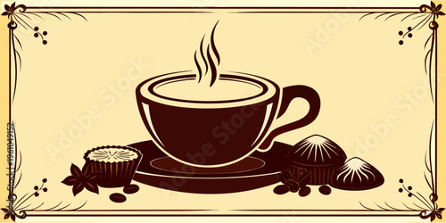 A decorative illustration of coffee chocolate and a small pastry