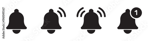 US Notification bell icons collection, alert symbol with different states and styles.