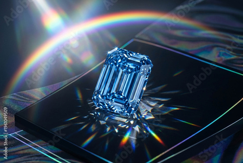 Exquisite Blue Diamond: A stunning radiant-cut blue diamond gleams, showcasing its impeccable clarity and brilliance on a dark reflective surface.