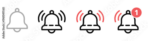 US Bell notification icons, outline and filled styles, with alert badge and sound waves.
