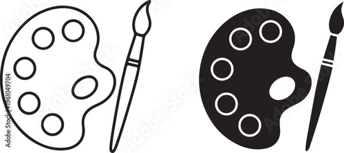 Artist Palette and Paint Brush Minimal Black and White Icon, Creative Art Design Concept