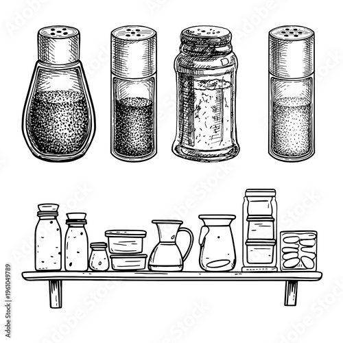 Vintage Hand Drawn Spice Jars and Kitchen Shelf