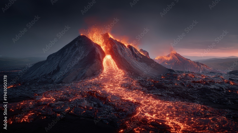 Naklejka premium A breathtaking volcano erupting lava, with molten lava flowing from its peak into the air, surrounded by rocky terrain and illuminated by the setting sun. The sky is painted in a gradient of colors.