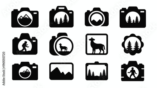 Vector illustration of camera icons with mountain forest animal and mythical creature silhouettes on white background