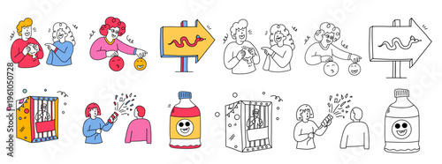 laughing people using party poppers and snake boxes for holiday fun tricks