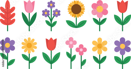 Vector illustration of colorful flowers including tulips, sunflowers, and daisies with simple, vibrant designs.