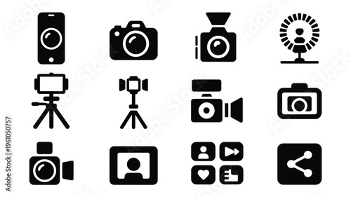 Vector illustration pack featuring various camera and photography icons on a white background