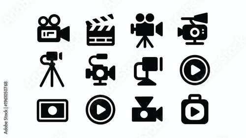 Vector illustration of various film and video production icons on white background