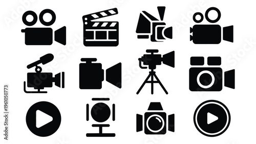 Collection of black video and film production icons on white background including cameras clapper boards and play buttons for graphic design and media projects