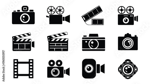 Collection of black film and photography icons on white background including cameras clapboards film reels and movie cameras for creative projects and media production