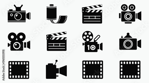 Collection of vintage film photography icons and symbols for filmmaking and cinema