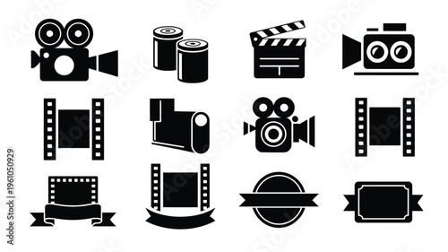 Collection of black film and video production icons on white background including cameras film reels clapper boards and movie strips for creative projects and media presentations