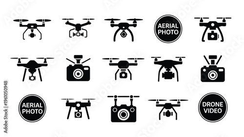 Drone and camera vector icons for aerial photography and videography