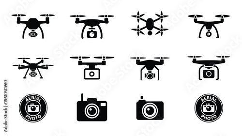 Drone and camera vector icons for aerial photography and videography services
