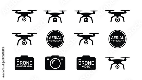 Drone photography and videography icons featuring aerial views cameras and drones on a white background for tech and creative projects